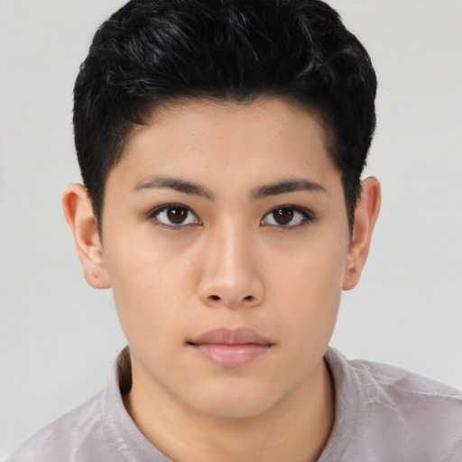 Neutral asian young-adult female with short  black hair and brown eyes