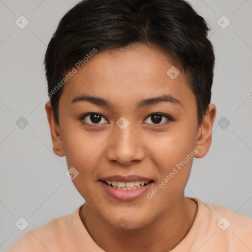 Joyful asian young-adult female with short  brown hair and brown eyes