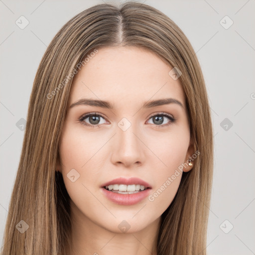 Neutral white young-adult female with long  brown hair and brown eyes