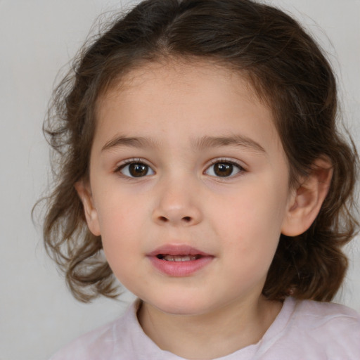 Joyful white child female with medium  brown hair and brown eyes