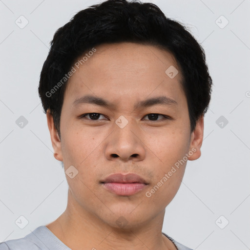 Neutral asian young-adult male with short  black hair and brown eyes