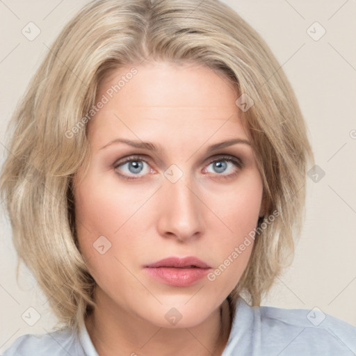 Neutral white young-adult female with medium  brown hair and blue eyes