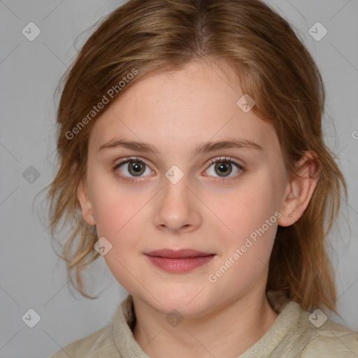 Joyful white child female with medium  brown hair and brown eyes