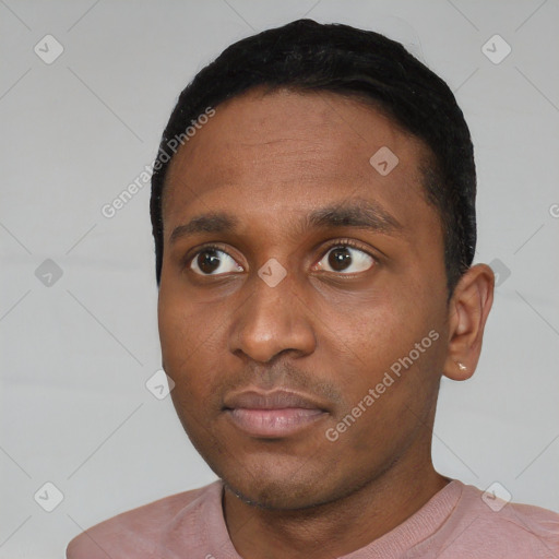 Neutral black young-adult male with short  black hair and brown eyes