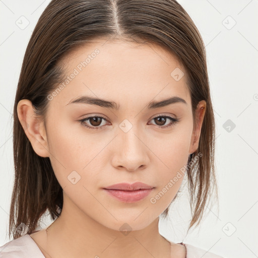 Neutral white young-adult female with medium  brown hair and brown eyes