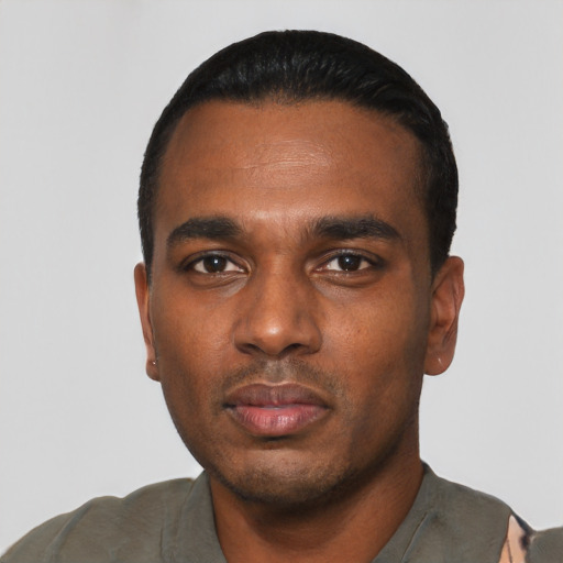 Neutral black young-adult male with short  black hair and brown eyes