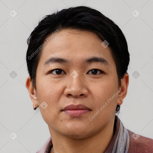 Neutral asian young-adult male with short  black hair and brown eyes