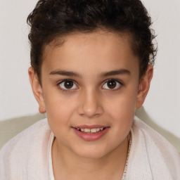 Joyful white child female with short  brown hair and brown eyes