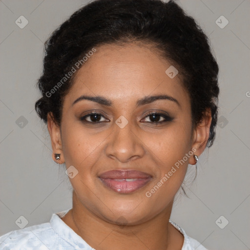 Joyful latino young-adult female with short  brown hair and brown eyes