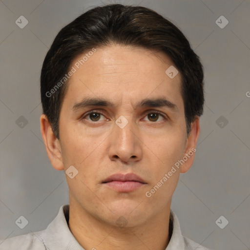 Neutral white adult male with short  brown hair and brown eyes