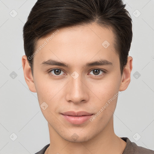 Neutral white young-adult male with short  brown hair and brown eyes