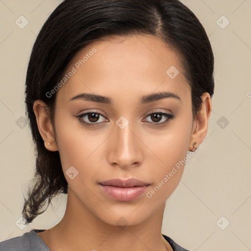 Neutral white young-adult female with long  brown hair and brown eyes