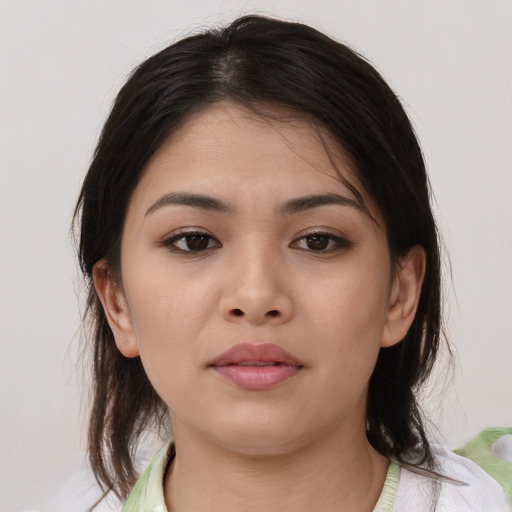Neutral asian young-adult female with medium  brown hair and brown eyes