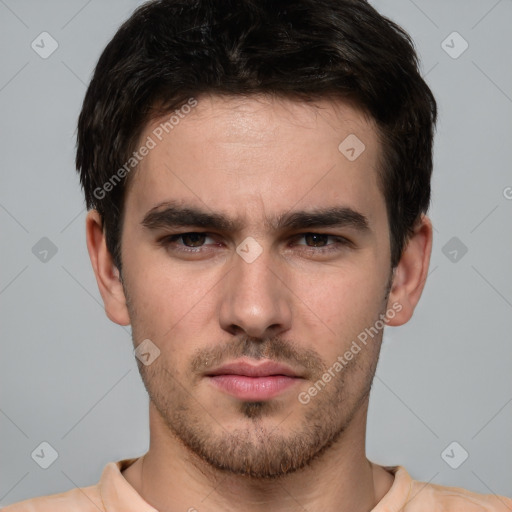 Neutral white young-adult male with short  brown hair and brown eyes