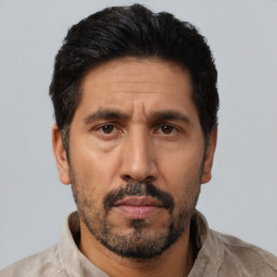 Neutral latino adult male with short  black hair and brown eyes