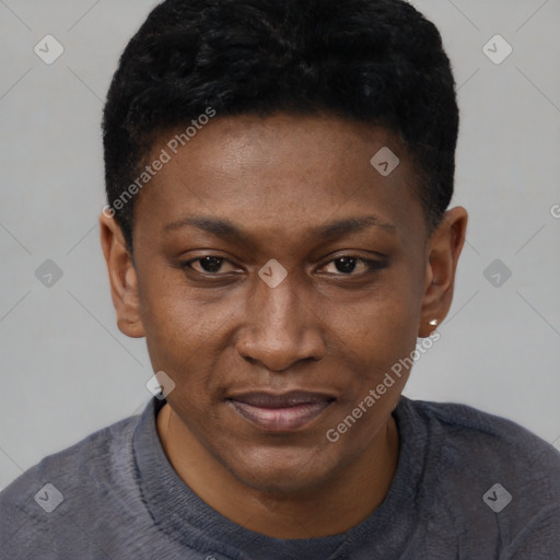 Joyful black young-adult female with short  black hair and brown eyes