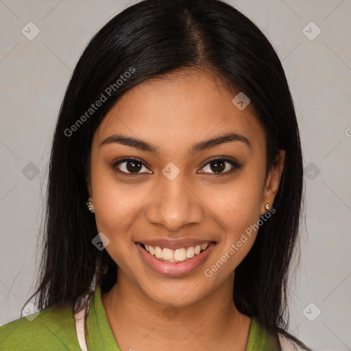 Joyful latino young-adult female with medium  brown hair and brown eyes