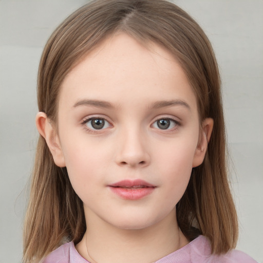 Neutral white child female with medium  brown hair and grey eyes