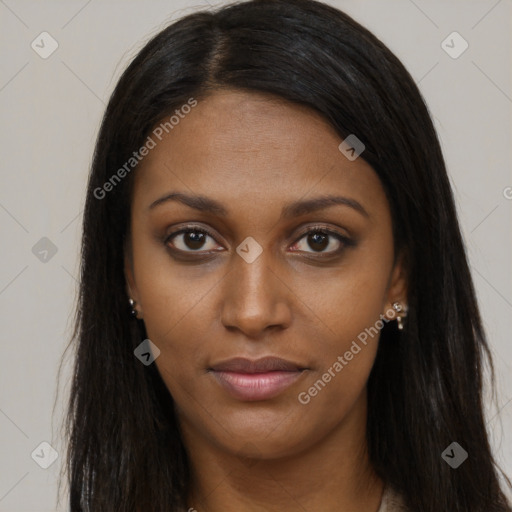 Joyful asian young-adult female with long  brown hair and brown eyes
