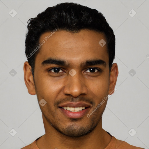 Joyful latino young-adult male with short  black hair and brown eyes