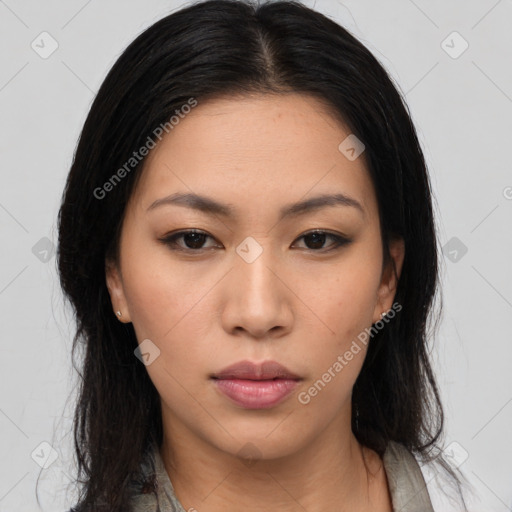 Neutral asian young-adult female with long  black hair and brown eyes