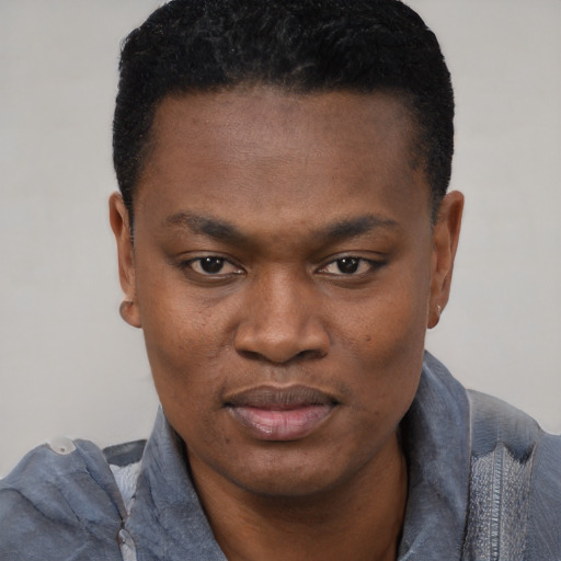 Joyful black young-adult male with short  black hair and brown eyes