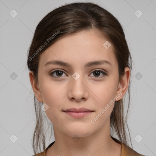 Neutral white young-adult female with medium  brown hair and brown eyes