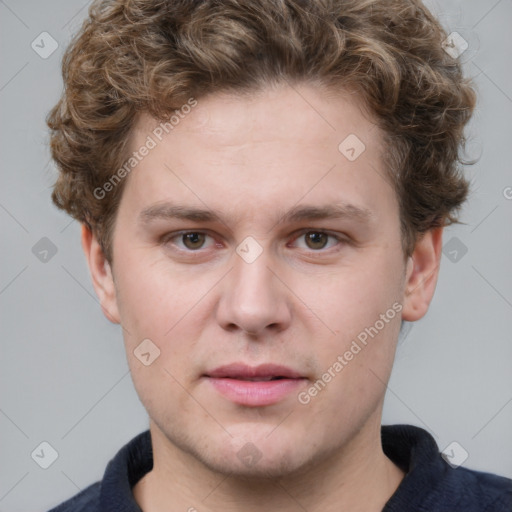 Neutral white young-adult male with short  brown hair and grey eyes