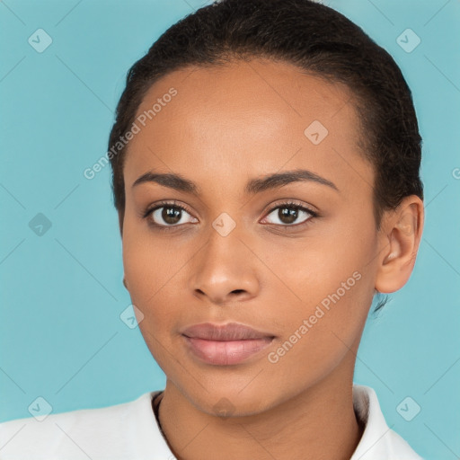 Joyful white young-adult female with short  brown hair and brown eyes