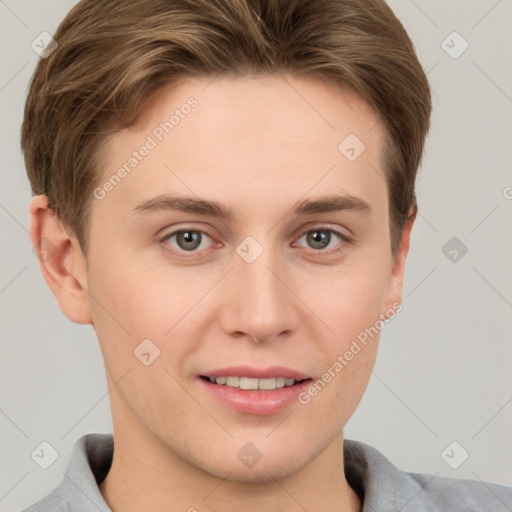 Joyful white young-adult female with short  brown hair and grey eyes