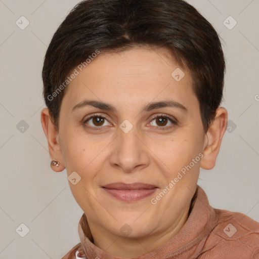 Joyful white adult female with short  brown hair and brown eyes