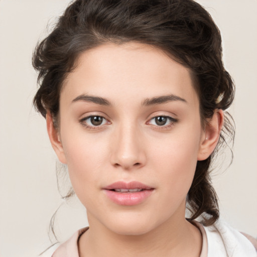 Neutral white young-adult female with medium  brown hair and brown eyes