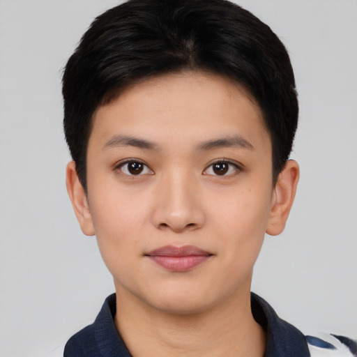 Neutral asian young-adult female with short  black hair and brown eyes