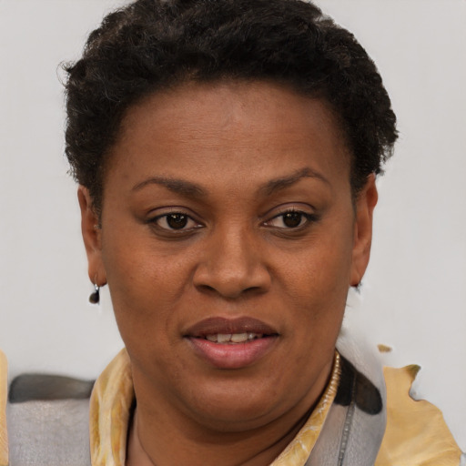 Joyful black young-adult female with short  brown hair and brown eyes
