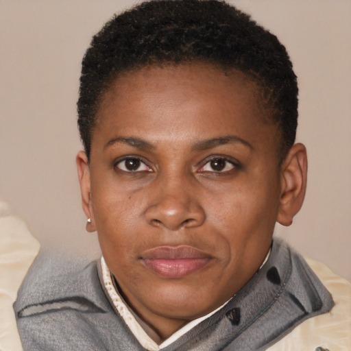 Joyful black adult female with short  brown hair and brown eyes