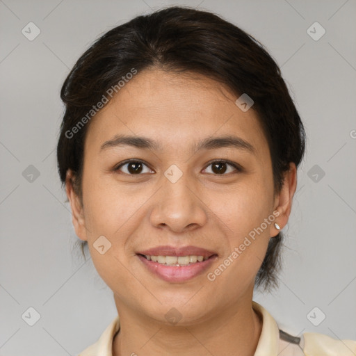 Joyful white young-adult female with short  brown hair and brown eyes