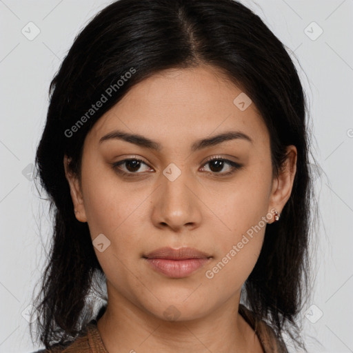 Neutral asian young-adult female with medium  brown hair and brown eyes