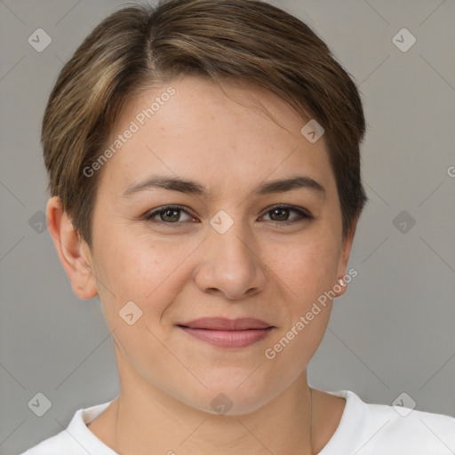 Joyful white young-adult female with short  brown hair and brown eyes