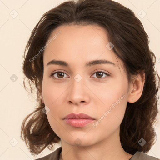 Neutral white young-adult female with medium  brown hair and brown eyes