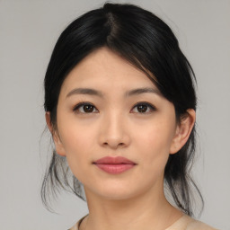 Neutral asian young-adult female with medium  black hair and brown eyes