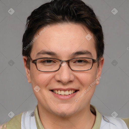 Joyful white adult female with short  brown hair and brown eyes