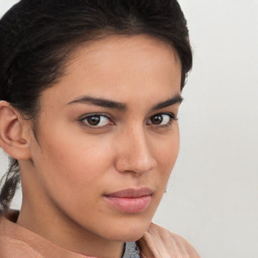 Neutral white young-adult female with short  brown hair and brown eyes