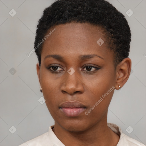 Neutral black young-adult female with short  black hair and brown eyes