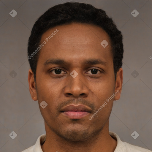 Neutral black young-adult male with short  brown hair and brown eyes