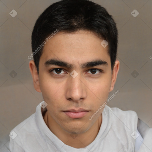 Neutral white young-adult male with short  brown hair and brown eyes