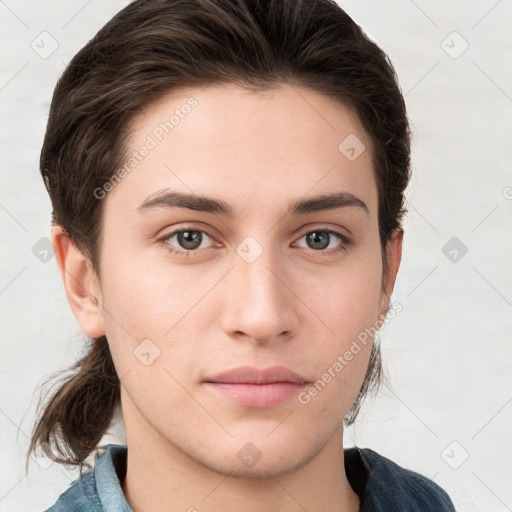 Neutral white young-adult female with medium  brown hair and grey eyes