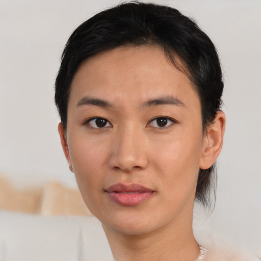 Neutral asian young-adult female with short  brown hair and brown eyes
