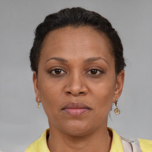 Joyful latino adult female with short  brown hair and brown eyes