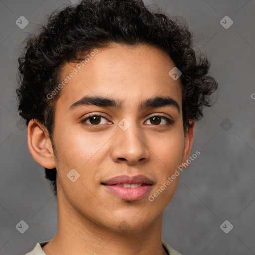 Joyful latino young-adult male with short  brown hair and brown eyes