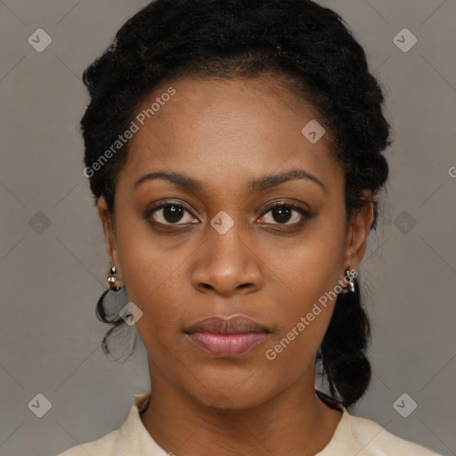 Joyful black young-adult female with medium  black hair and brown eyes